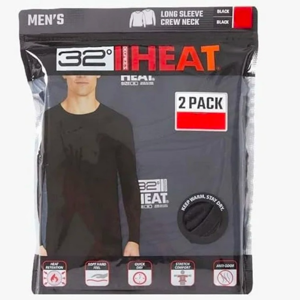 32 degrees MEN'S LIGHTWEIGHT BASELAYER CREW TOP 2 Black Long Sleeve Shirts
